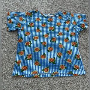 90s VINTAGE Cropped Blue Checkered Sunflower Top size Large/XL